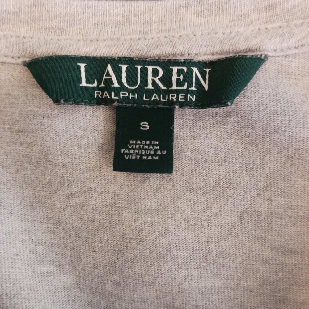 Lauren Ralph Lauren S Casual Gray Top 3/4 Sleeve W/ Navy/White Pinstripe Ruffle - Picture 2 of 15